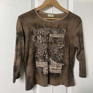 Y2K Cactus T-shirt Womens Brown Graphic 2000s Grunge Music Studio Rhinestone